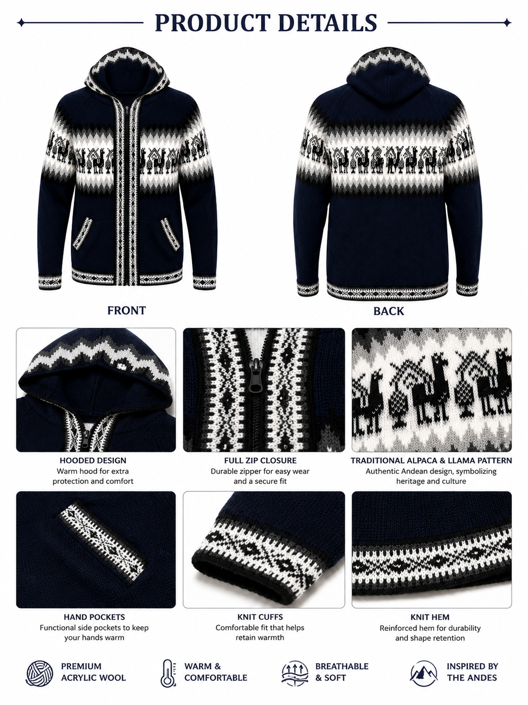 Men’s Andean Alpaca Hooded Sweater-Dark Blue