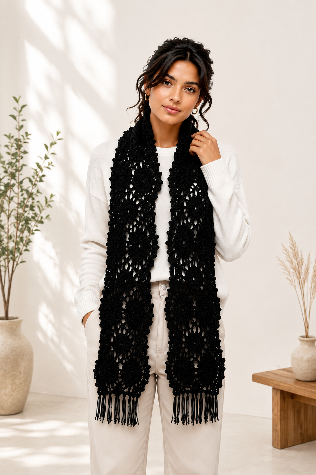 PRE-ORDER Black Handmade Baby Alpaca Crochet Scarf