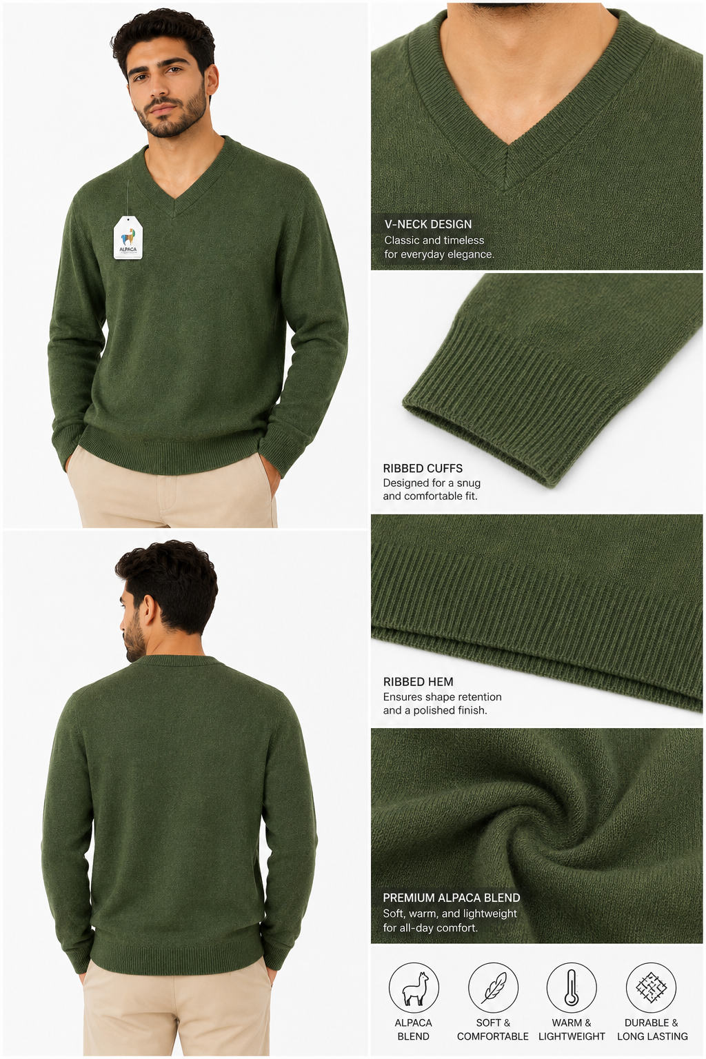 Olive Green Baby Alpaca V-Neck Sweater