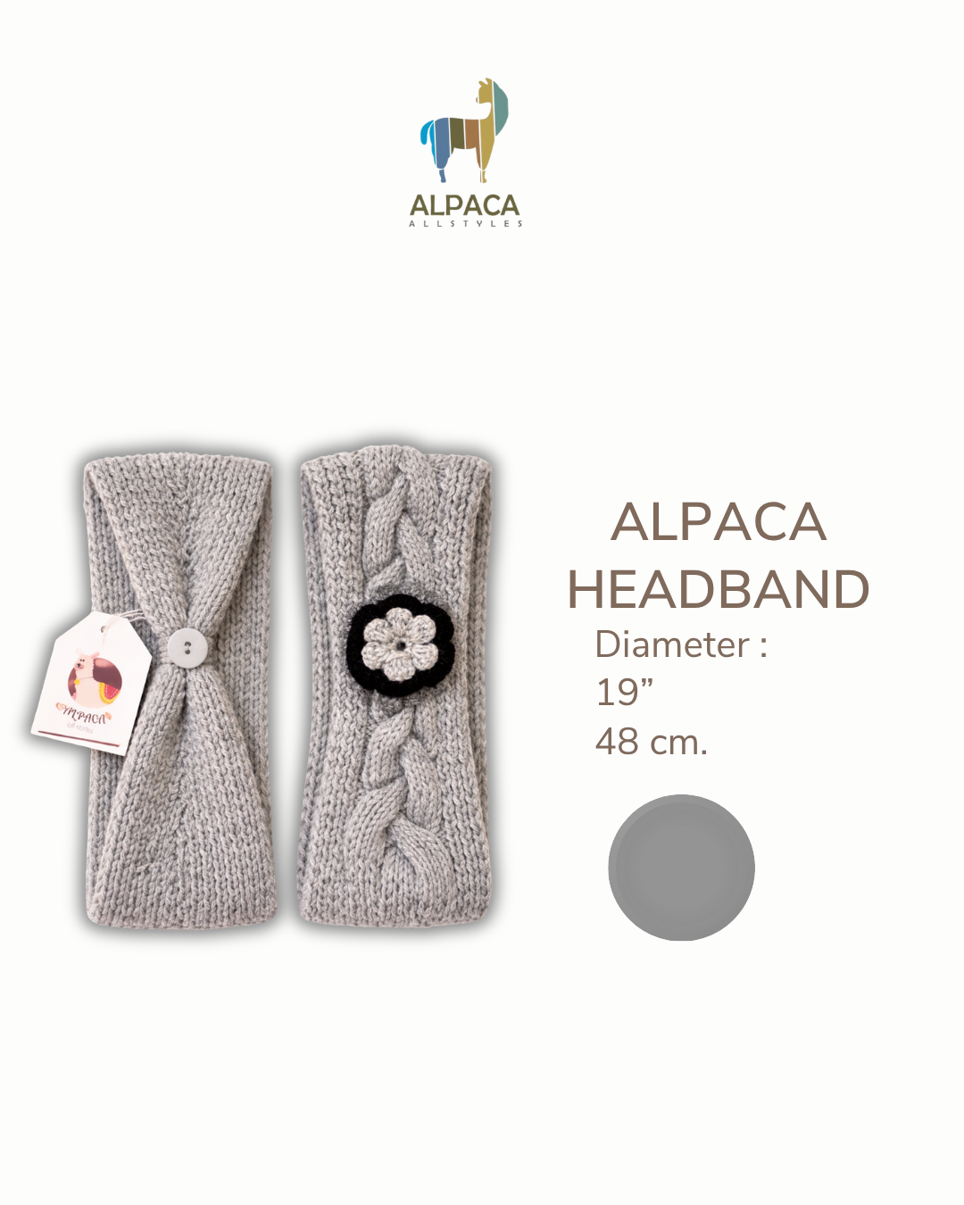 Gray and White Alpaca Headband with Handcrafted Flower