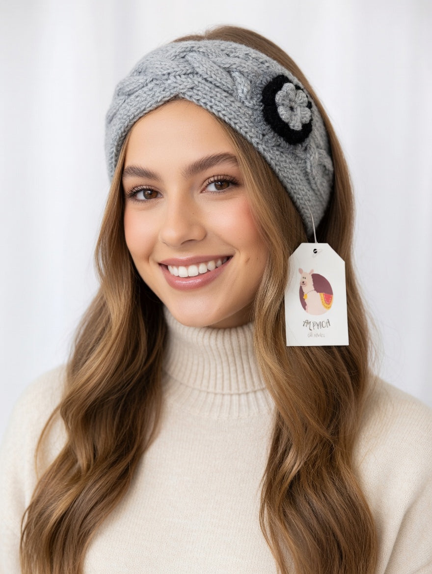 Gray and White Alpaca Headband with Handcrafted Flower