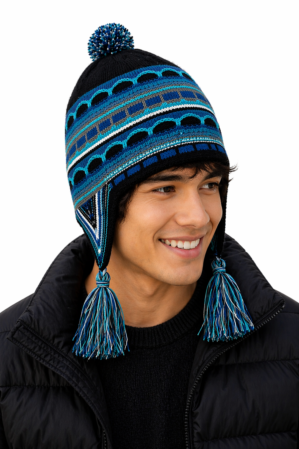 Blue Peruvian Alpaca Chullo Hat with Pom-Pom & Tassels