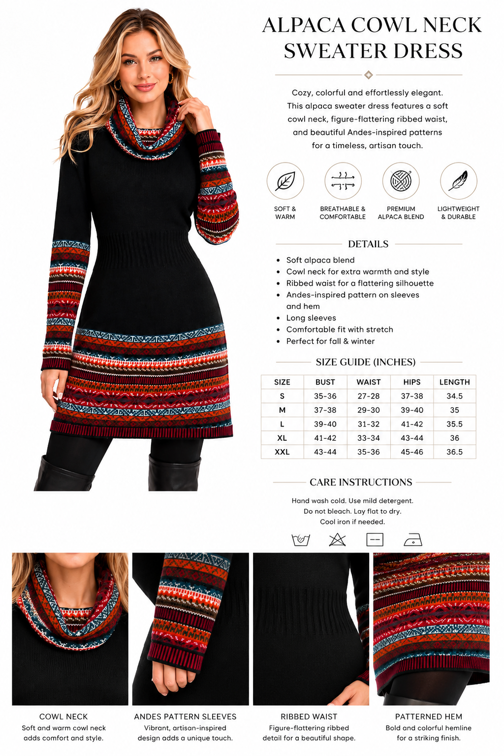 Andean Midnight Alpaca Cowl Neck Dress