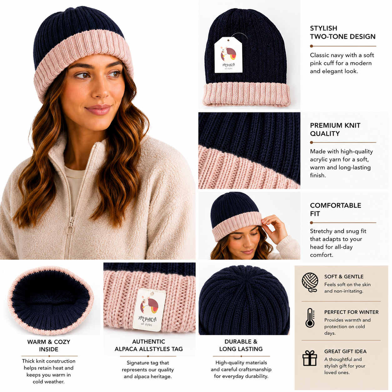Essential Winter Two-Tone Alpaca Beanie-Hat