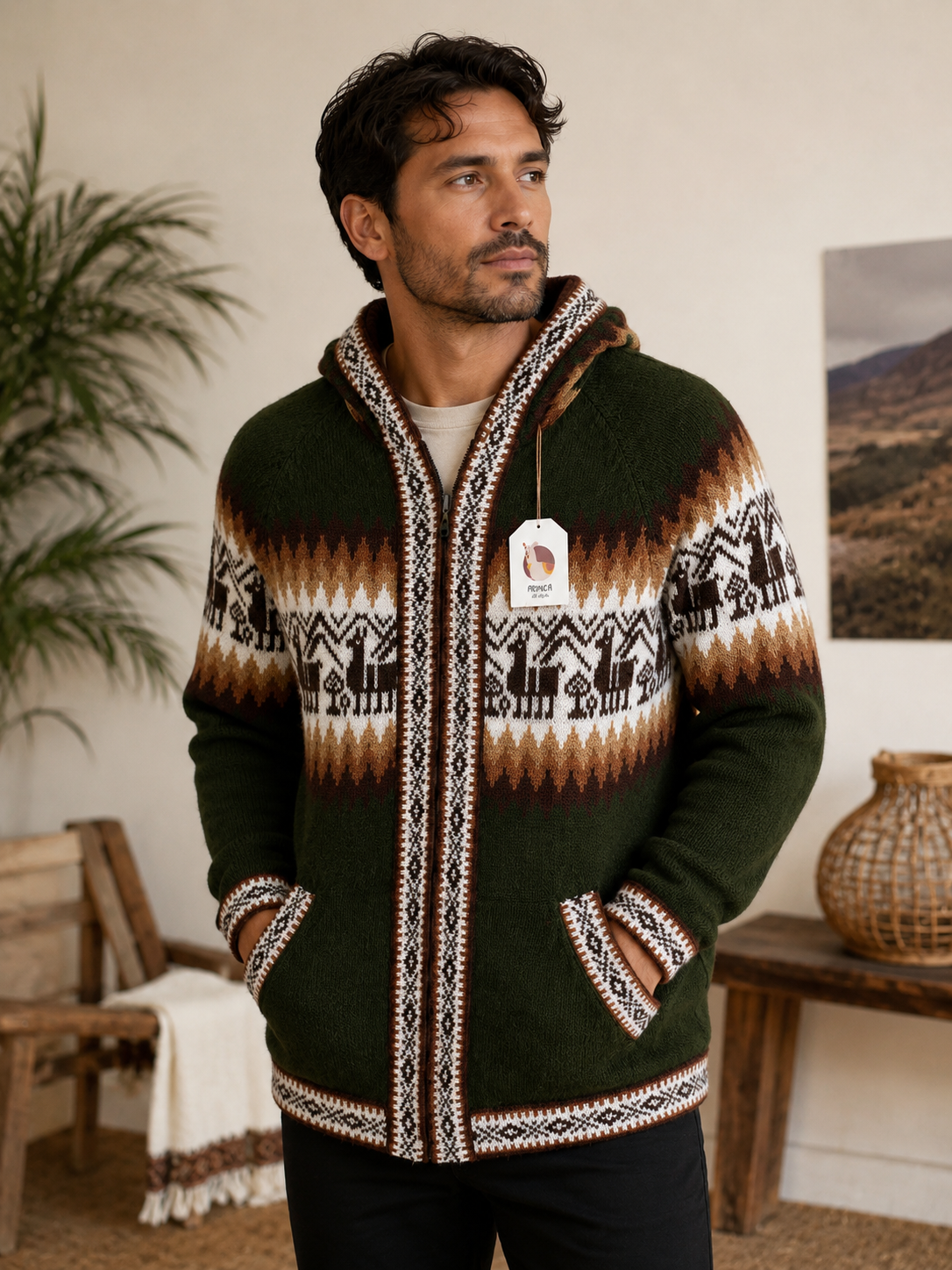 Men’s Andean Alpaca Hooded Sweater – Forest Green