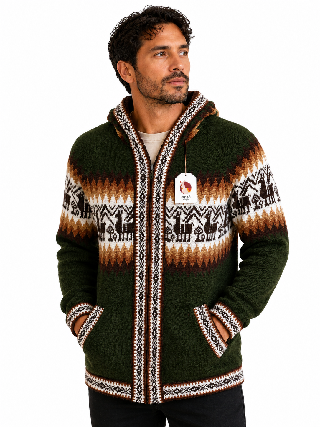 Men’s Andean Alpaca Hooded Sweater – Forest Green