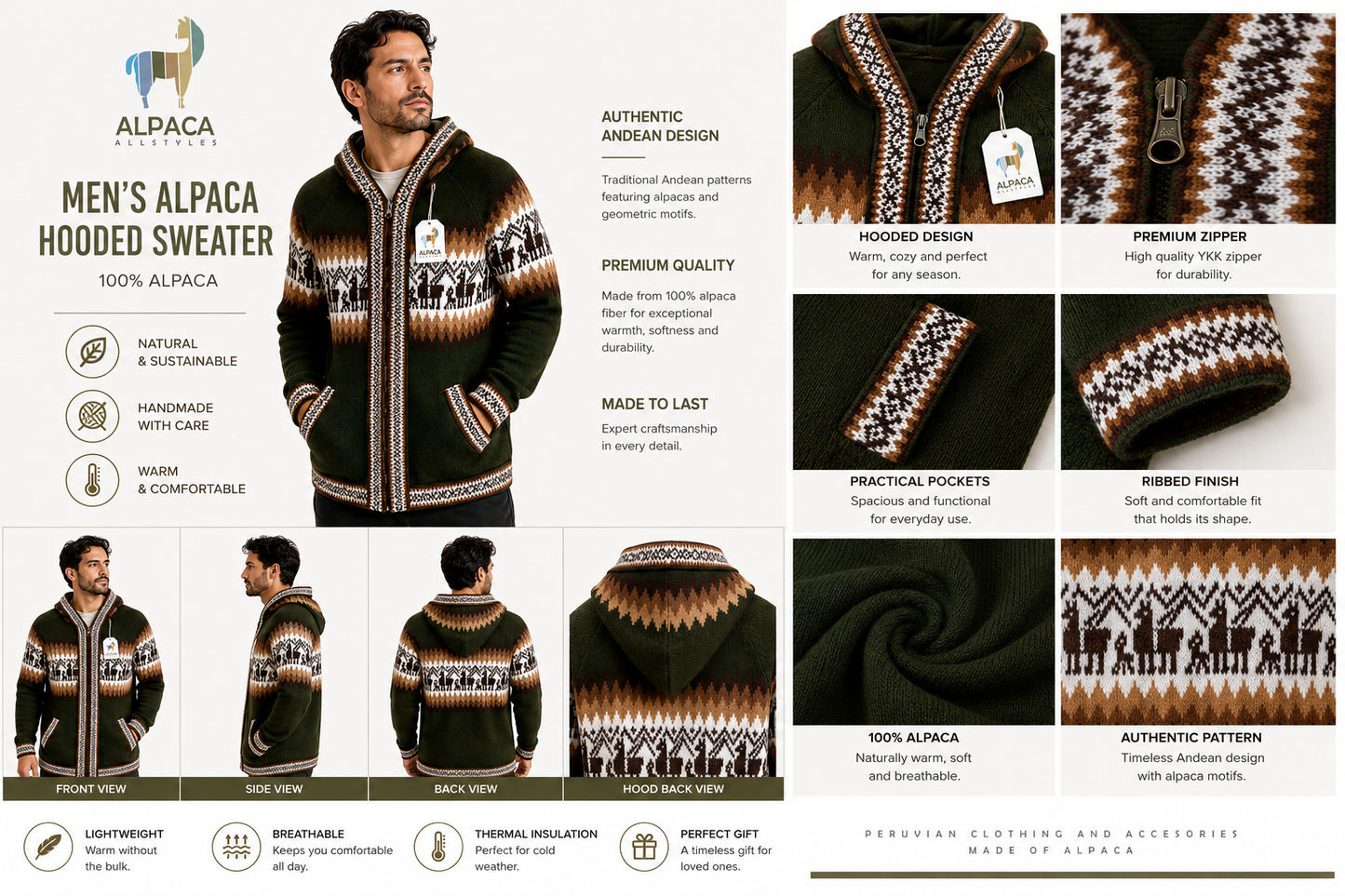 Men’s Andean Alpaca Hooded Sweater – Forest Green