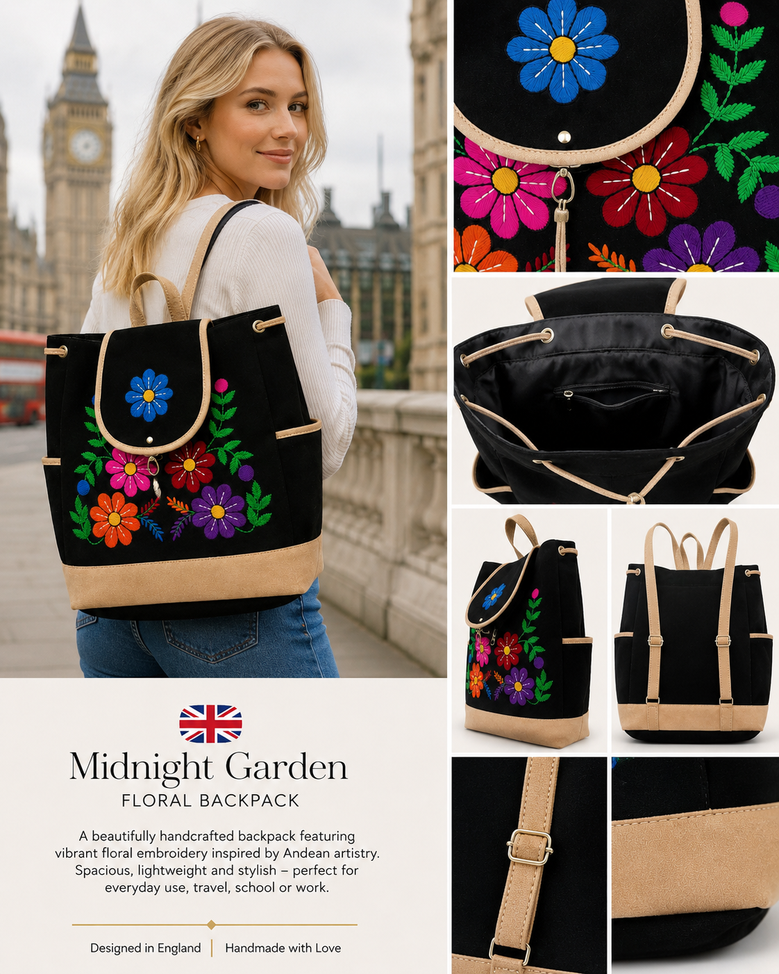 🌸  Andean Floral Embroidered Black Backpack
