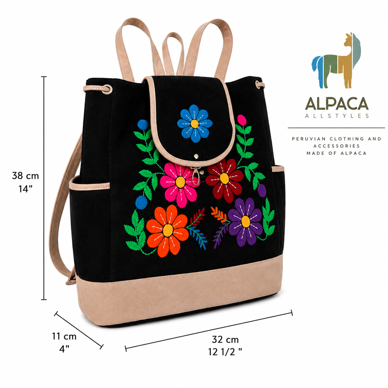 🌸  Andean Floral Embroidered Black Backpack