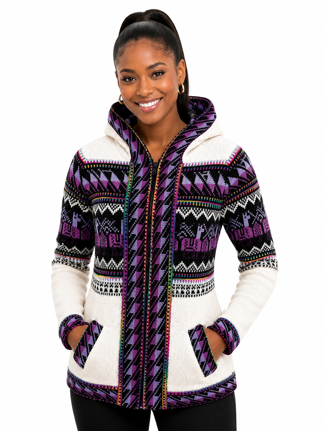 Andean Orchid Alpaca Hooded Sweater White
