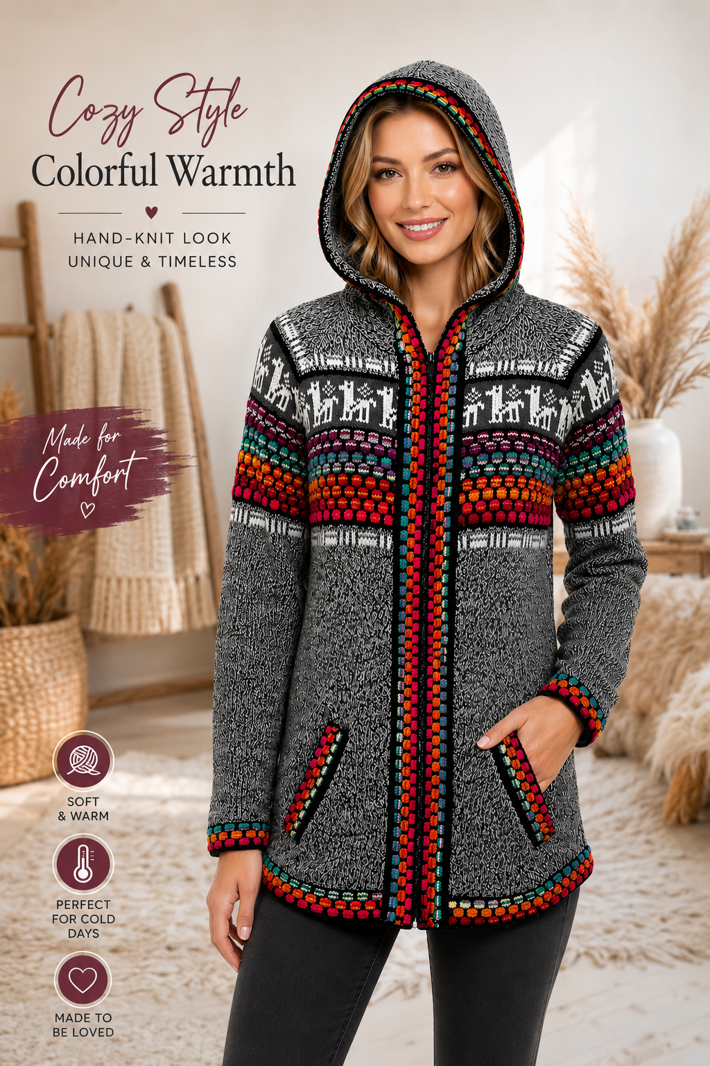 Artisan Chakra Gray Violet Alpaca Hooded Sweater.