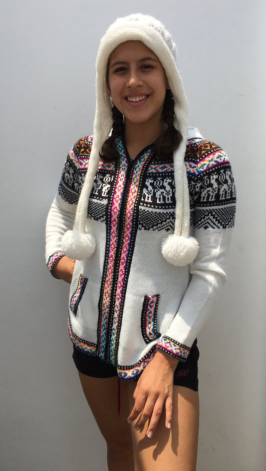 Alpaca white Peruvian designed woman sweater